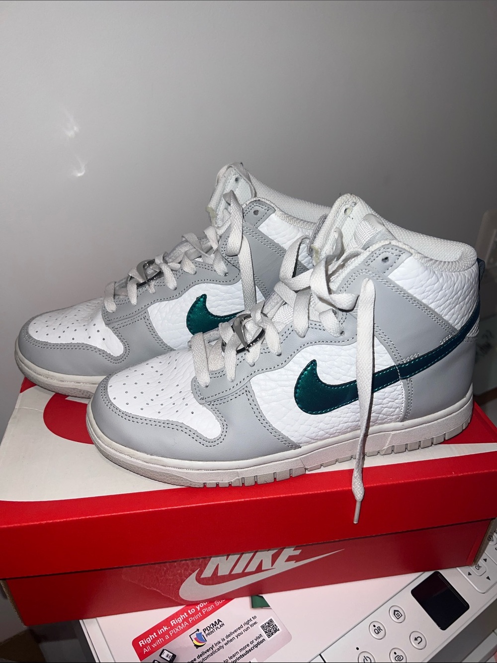 Nike High-Top Sneakers in White, Light Gray & Teal Swoosh